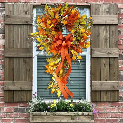 Corona De Hojas De Arce De Otoño Lágrima Decoración Bayas Artificiales Con Lazo Para Puerta Pared Cosecha Hogar