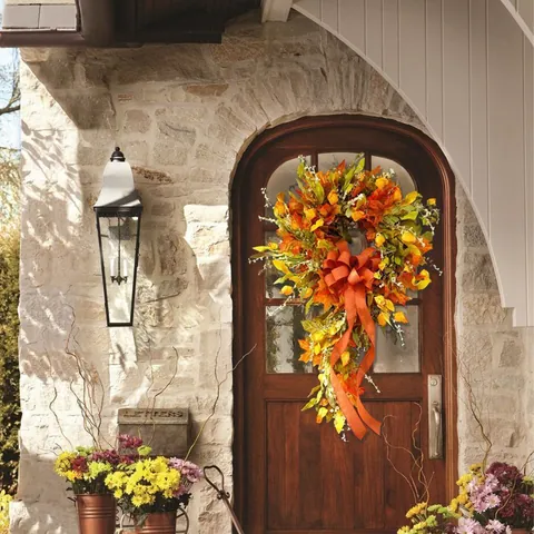 Corona De Hojas De Arce De Otoño Lágrima Decoración Bayas Artificiales Con Lazo Para Puerta Pared Cosecha Hogar