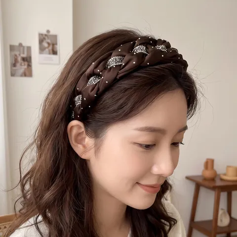 Handgefertigtes Geflochtenes Strass Stirnband Elegant Satin Chic Haarreif Accessoires Für Frauen Funkelnder Kopfschmuck