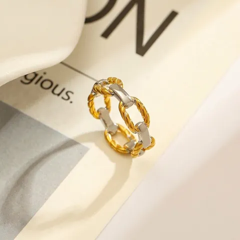 Minimalist Stainless Steel Two-Tone Chain Ring For Women 18K Gold Plated Geometric Geometric Link Ring Fashion Jewelry Gift