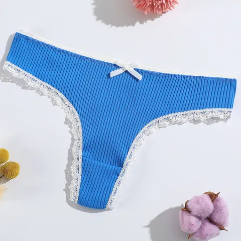 Women Low Waist Thong Cotton Ribbed Underwear With White Lace Trim And Bow Breathable Comfort Soft Panties