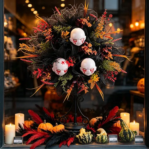 Couronne D'Horreur D'Halloween Avec Têtes De Bébé Sanglantes Maille Noire Araignées Gothique Effrayant Décoration De Fête
