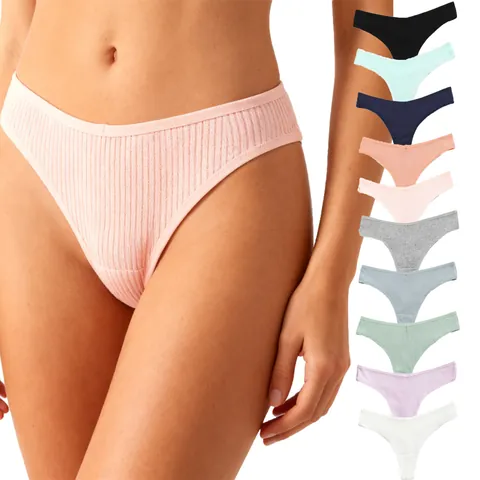 Women Thong Panties Ribbed Cotton Breathable Low Waist T-Back Underwear Soft Stretchy Lingerie Comfortable