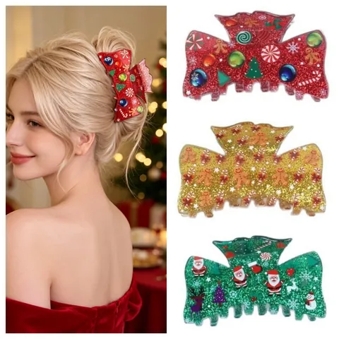 Pinza per Capelli Natalizia in Acrilico con Glitter per Donna Babbo Natale Alce Pupazzo di Neve Accessori per Capelli Festivi