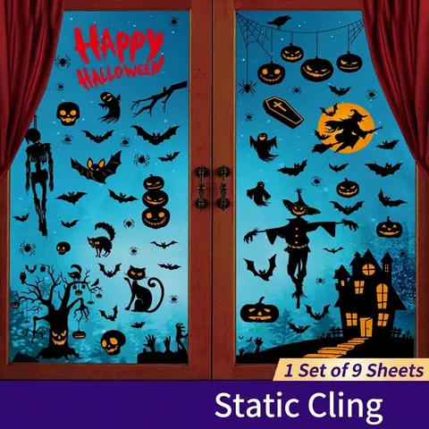 Adesivi Finestra Halloween Doppia Faccia Statici PVC Zucca Fantasma Strega Pipistrello Decorazione Vetro