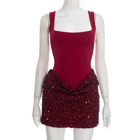 Abito Mini Aderente con Paillettes Sexy da Donna Patchwork Scollo Quadrato Senza Maniche Slim Fit Festa Sera Cocktail Borgogna Nero