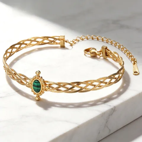 Vintage Roestvrij Staal Geweven Textuur Armring Voor Dames Verguld Groen Malachiet Stijl Ovaal Bedeltje Verstelbare Armband