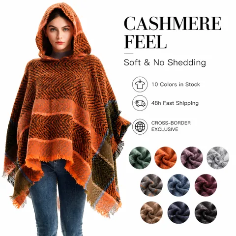 Donna Poncho con Cappuccio Poliestere Maglia Lisca di Pesce Retrò Nappa Scialle Autunno Inverno Caldo Mantella