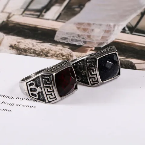 Anello Sigillo Da Uomo Retro Acciaio Inossidabile Pietra Quadrata Pietra Blu Rossa Motivo Greco Gioielli Lucidati