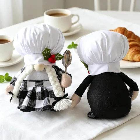 Chef Gnome Faceless Doll Plush Ornament White Hat Red Berries Black White Plaid Kitchen Table Decor Festive Figurines