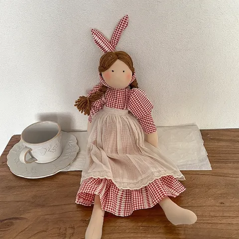Handmade Korean Style Cloth Doll Large Fabric Rag Doll With Plaid Floral Dress For Kids Soothing Toy Home Decor Ornaments