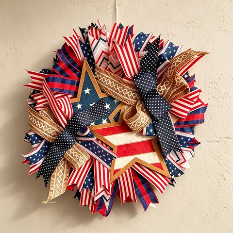 Couronne Patriotique Jour de l'Indépendance Avec Rubans Étoiles et Rayures Étoile en Bois Décoration pour Porte d'Entrée Maison