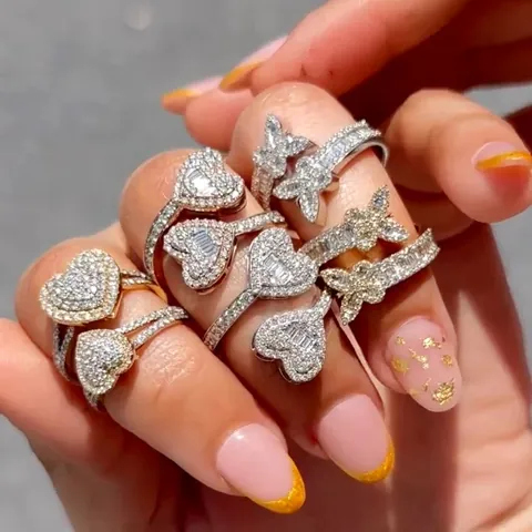 Bypass Hart Ring Koper Zirconia Baguette Rond Geslepen Verstelbaar Mode Hip Hop Sieraden Voor Dames