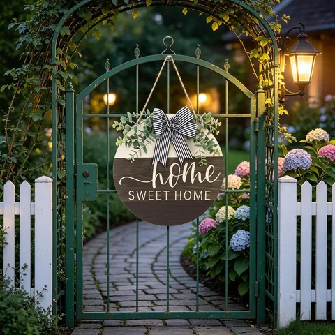 Panneau De Porte Rond En Bois Couronne De Bienvenue Avec Eucalyptus Artificiel Noeud Rayé Home Sweet Home Décoration