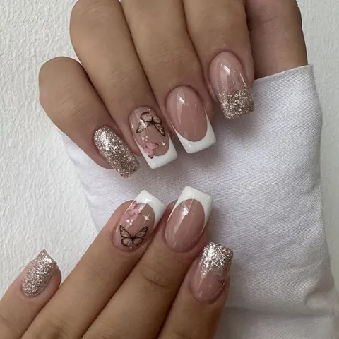 Französische Spitze Kunstnägel ABS Glänzend Rosa Glitzer Schmetterlingsmuster Quadratische Form Elegant Für Frauen Maniküre