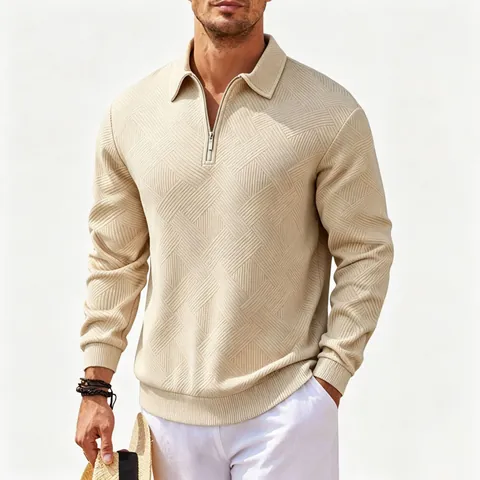 Amerikanisches Retro-Sweatshirt für Herren mit Halbreißverschluss und geometrischer Jacquard-Struktur Umlegekragen Langarm-Freizeit-Poloshirt