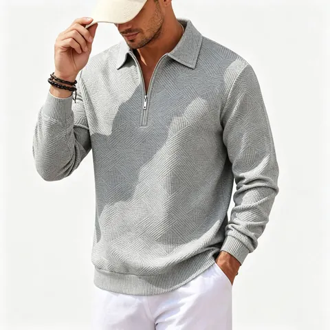Amerikanisches Retro-Sweatshirt für Herren mit Halbreißverschluss und geometrischer Jacquard-Struktur Umlegekragen Langarm-Freizeit-Poloshirt