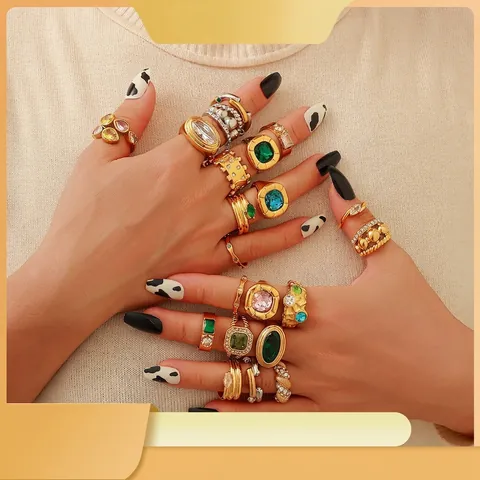 Vintage 18K Gold Plated Stainless Steel Rings Waterproof Geometric Colorful Gemstone Zircon Jewelry For Women