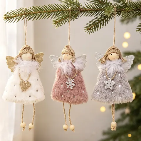 Weihnachtsengel Puppe Hängeornament Plüsch Holzperlen Hanfseil Pailletten Feder Weihnachtsbaum Deko Handgefertigt Süß Festlich