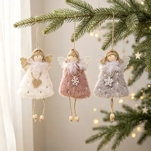 Weihnachtsengel Puppe Hängeornament Plüsch Holzperlen Hanfseil Pailletten Feder Weihnachtsbaum Deko Handgefertigt Süß Festlich
