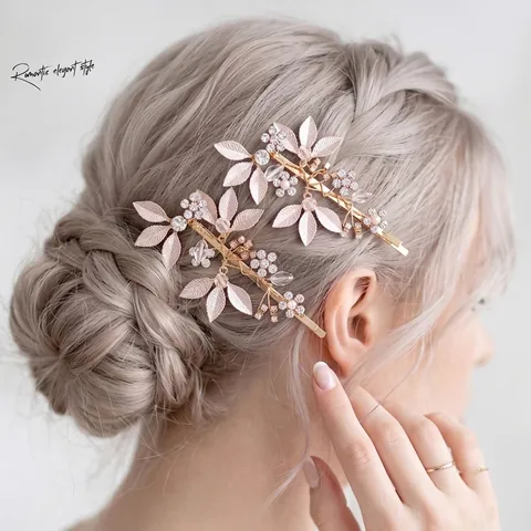 Handgefertigte Braut Goldene Blatt Haarspange Mit Strass Künstliche Perle Hochzeit Party Blumen Haarnadeln Damen Schmuck