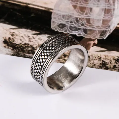 Vintage Checkered Grid Stainless Steel Ring For Men Women Punk Retro Wide Band Ring With Beaded Edge Hip Hop Jewelry