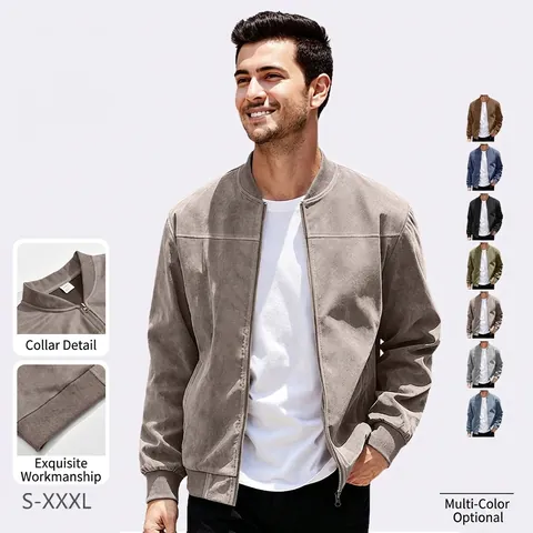 Men Faux Suede Bomber Jacket Stand Collar Zipper Casual Vintage Solid Color Long Sleeve Outwear Coat