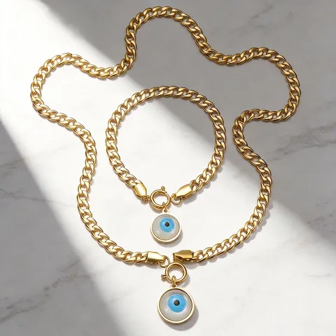 Collier Et Bracelet Mauvais Œil En Acier Inoxydable Bijoux Chaîne Cubaine Plaqué Or Hip Hop