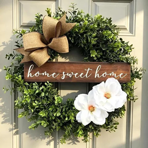 Ghirlanda Eucalipto Artificiale Decorazione Porta Fiocco Iuta Targa Legno Home Sweet Home Fiori Bianchi Arredo Rustico