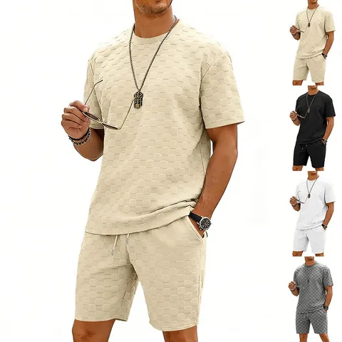 Tuta Sportiva da Uomo Casual Jacquard a Scacchiera Top And Bottom Comoda Traspirante Loungewear Estiva Vestibilità Larga