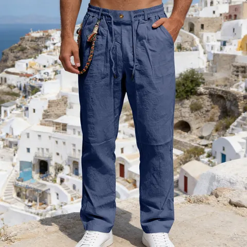 Heren Linnen Casual Broek Lichtgewicht Ademend Trekkoord Elastische Taille Rechte Pijp Zomer Mode Effen Kleur