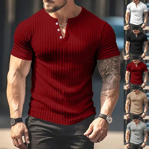 Maglietta Henley da Uomo Slim Fit a Costine Manica Corta Stile Britannico a Righe con Bottoni Estate Casual Top