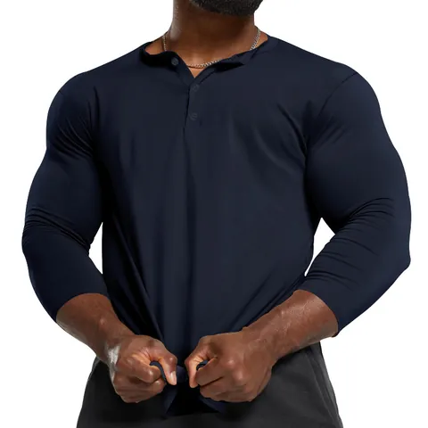 Maglia Henley Retrò da Uomo Slim Fit a Manica Lunga T-shirt Tinta Unita Poliestere Top Casual Muscolo