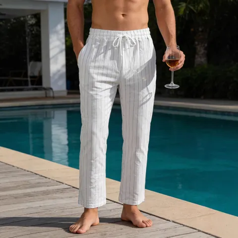 Pantalon Décontracté à Rayures en Mélange de Lin pour Hommes Coupe Droite Ample Cordon Respirant Été Vacances