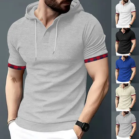 Maglietta con Cappuccio in Maglia a Nido d'Ape da Uomo Polsini Patchwork a Quadri Manica Corta Collo Henley Top Casual