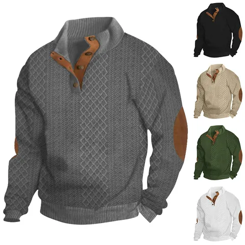 Ανδρικό Retro Ζακάρ Slim Fit Sweatshirt με Όρθιο Κολάρο Μακρύ Μανίκι με Μπαλώματα στους Αγκώνες