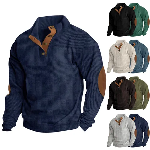 Men Vintage Corduroy Sweatshirt Stand Collar Long Sleeve Pullover With Contrast Elbow Patches Sporty Casual Outdoor Fashion Top
