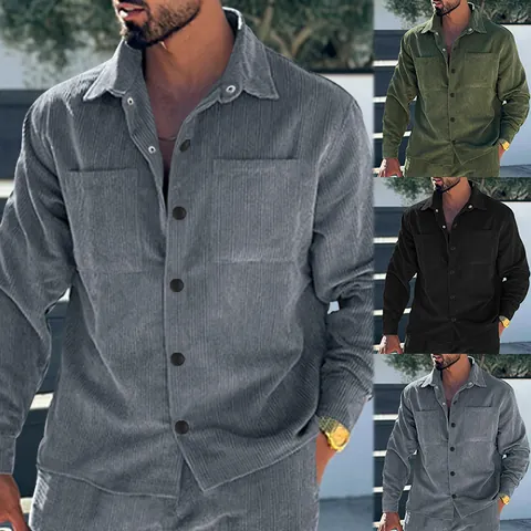 Giacca Camicia da Uomo in Velluto a Coste Slim Fit Manica Lunga con Bottoni e Tasche Multiple Casual Top
