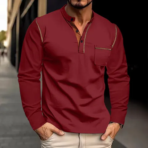 Men Long Sleeve Henley Shirt Breathable Contrast Trim Polo Top With Chest Pocket Casual Slim Fit Classic Male Apparel
