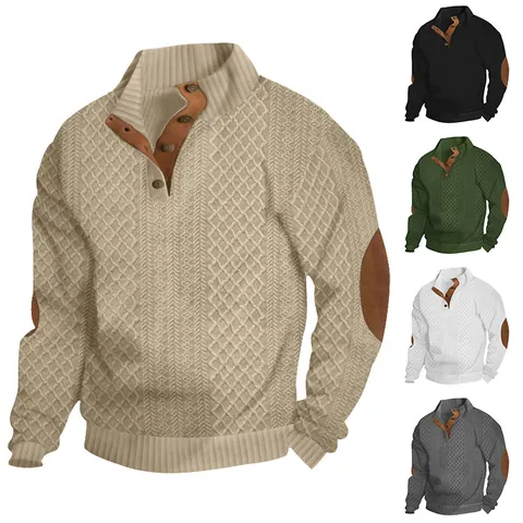 Ανδρικό Retro Ζακάρ Slim Fit Sweatshirt με Όρθιο Κολάρο Μακρύ Μανίκι με Μπαλώματα στους Αγκώνες