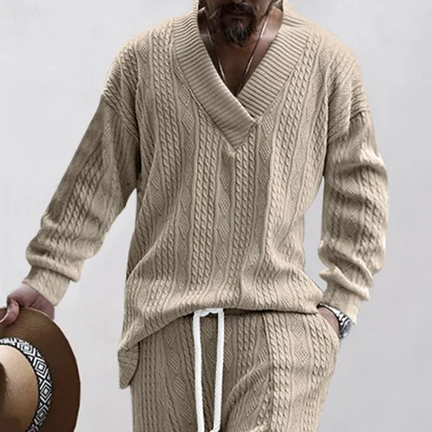 Maglione in Maglia da Uomo Scollo a V Manica Lunga Jacquard Misto Cotone Casual Vestibilità Larga Pullover Top per Uomo Moda Autunno Primavera