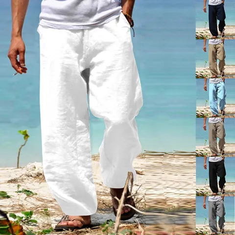 Pantalon Décontracté Homme en Polyester Lin Ample Droit Mince Respirant Couleur Unie Cordon Vacances Bas