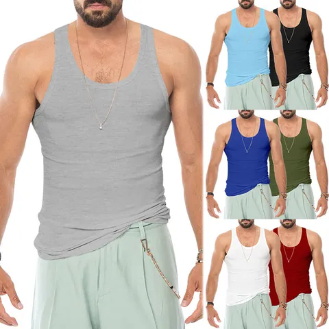 Men's Slim Fit Sports Tank Top High Elastic Ribbed Muscle Vest For Fitness Bodybuilding Summer Breathable Solid Color Top