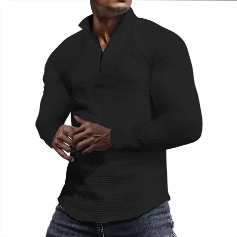 Herren Stehkragen Halbreißverschluss Sweatshirt Gitter Waffelstruktur Langarm Pullover Herbst Urban Mode Top