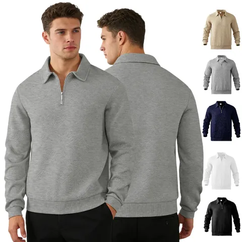Damen Casual Jacquard Textur Polo Sweatshirt Langarm Viertelreißverschluss Revers Top Frühling Herbst Slim Fit Einfarbig Pullover
