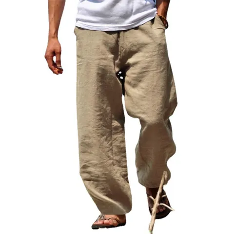 Pantalon Décontracté Homme en Polyester Lin Ample Droit Mince Respirant Couleur Unie Cordon Vacances Bas