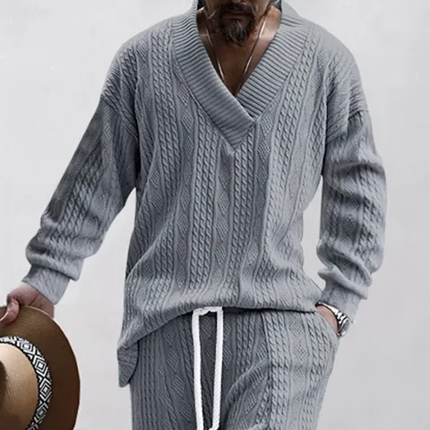 Men V Neck Long Sleeve Knitted Sweater And Pants Matching Casual Solid Color Cable Knit Polyester Spandex Lounge Wear