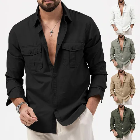 Camicia da Uomo Casual a Maniche Lunghe con Tasche Multiple Stile Cargo Poliestere Tinta Unita Abbigliamento da Lavoro Retro