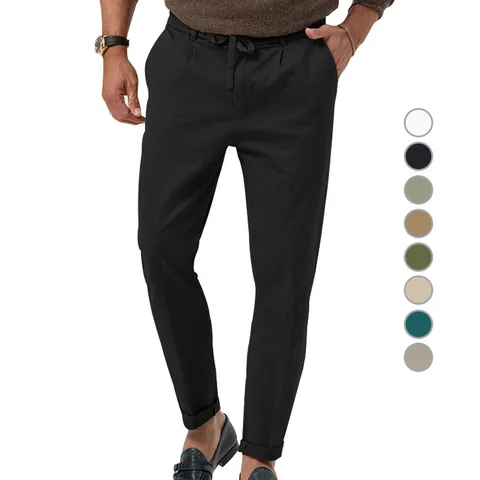 Pantalón Casual de Poliéster para Hombre Cintura Elástica con Cordón Dobladillo Enrollado Chinos de Moda Corte Ahusado