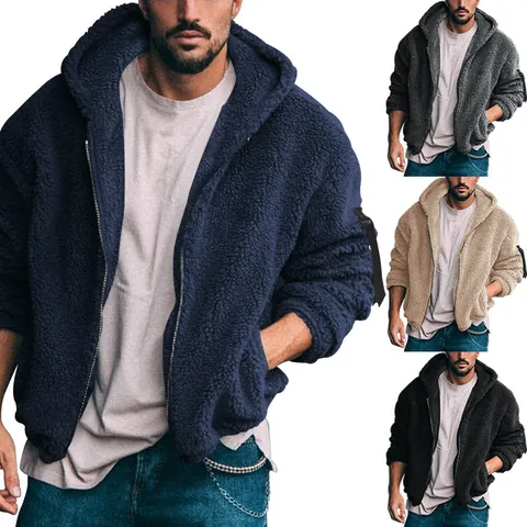Giacca da Uomo Casual in Pile a Doppia Faccia Con Cappuccio Invernale Calda Sherpa Pile Capispalla Manica Lunga Tinta Unita Top